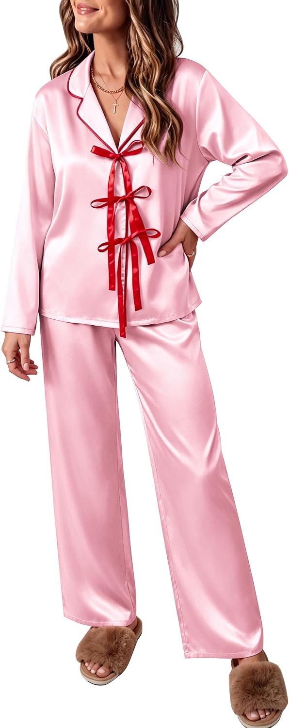 Ekouaer Womens Satin Pajamas Set Bow Tie Front Pjs Long Sleeve Lounge sets
