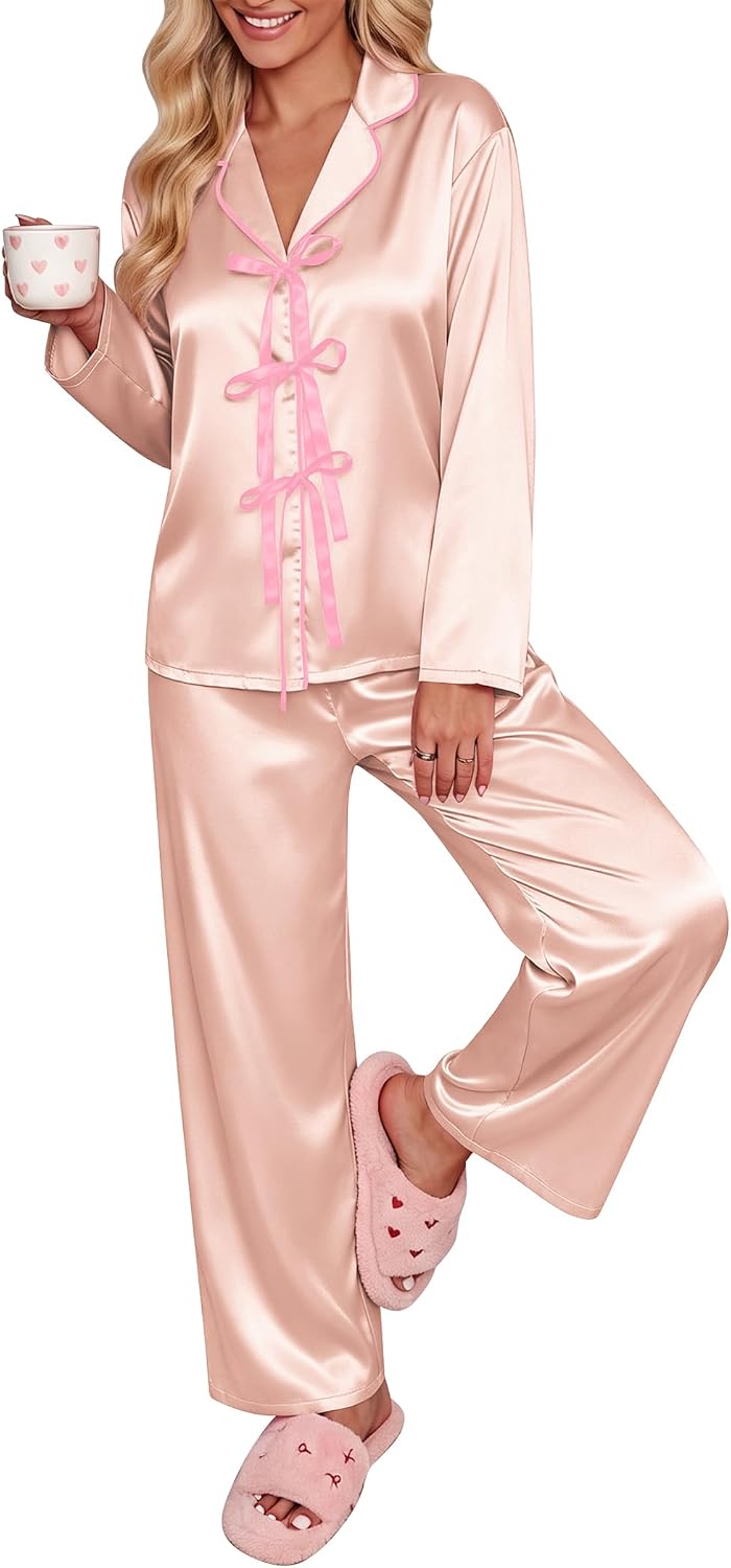 Ekouaer Womens Satin Pajamas Set Bow Tie Front Pjs Long Sleeve Lounge sets