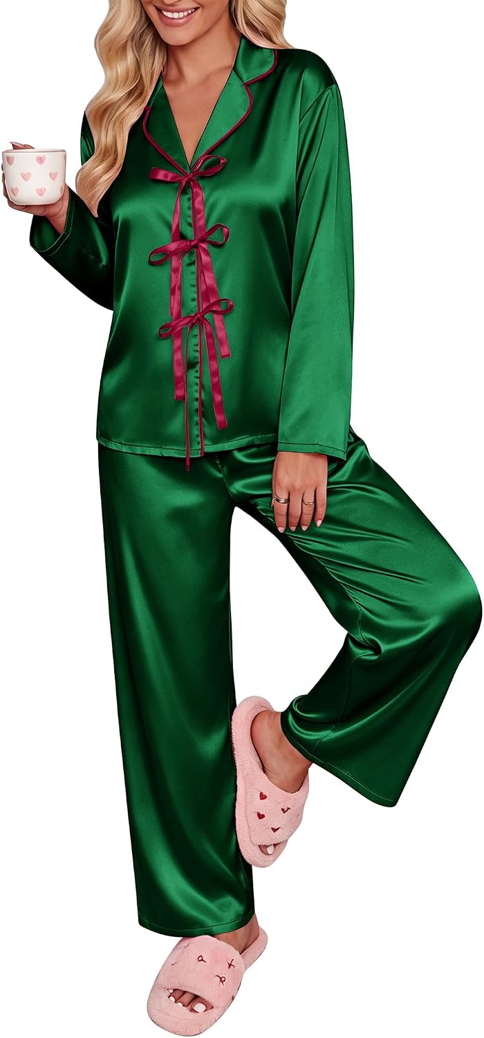 Ekouaer Womens Satin Pajamas Set Bow Tie Front Pjs Long Sleeve Lounge sets