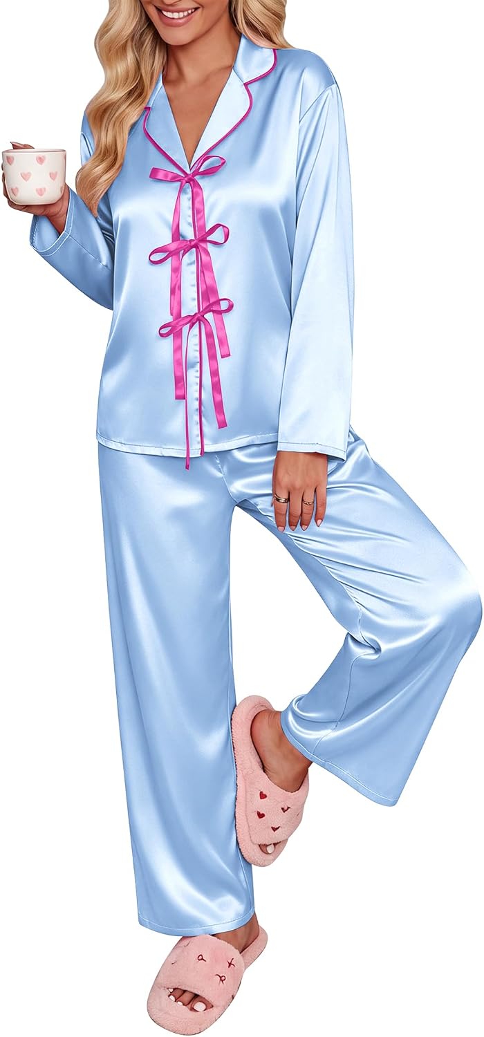 Ekouaer Womens Satin Pajamas Set Bow Tie Front Pjs Long Sleeve Lounge sets