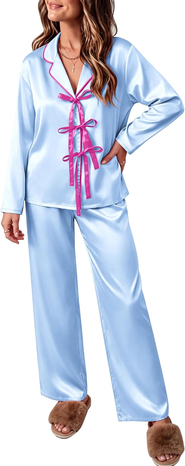 Ekouaer Womens Satin Pajamas Set Bow Tie Front Pjs Long Sleeve Lounge sets