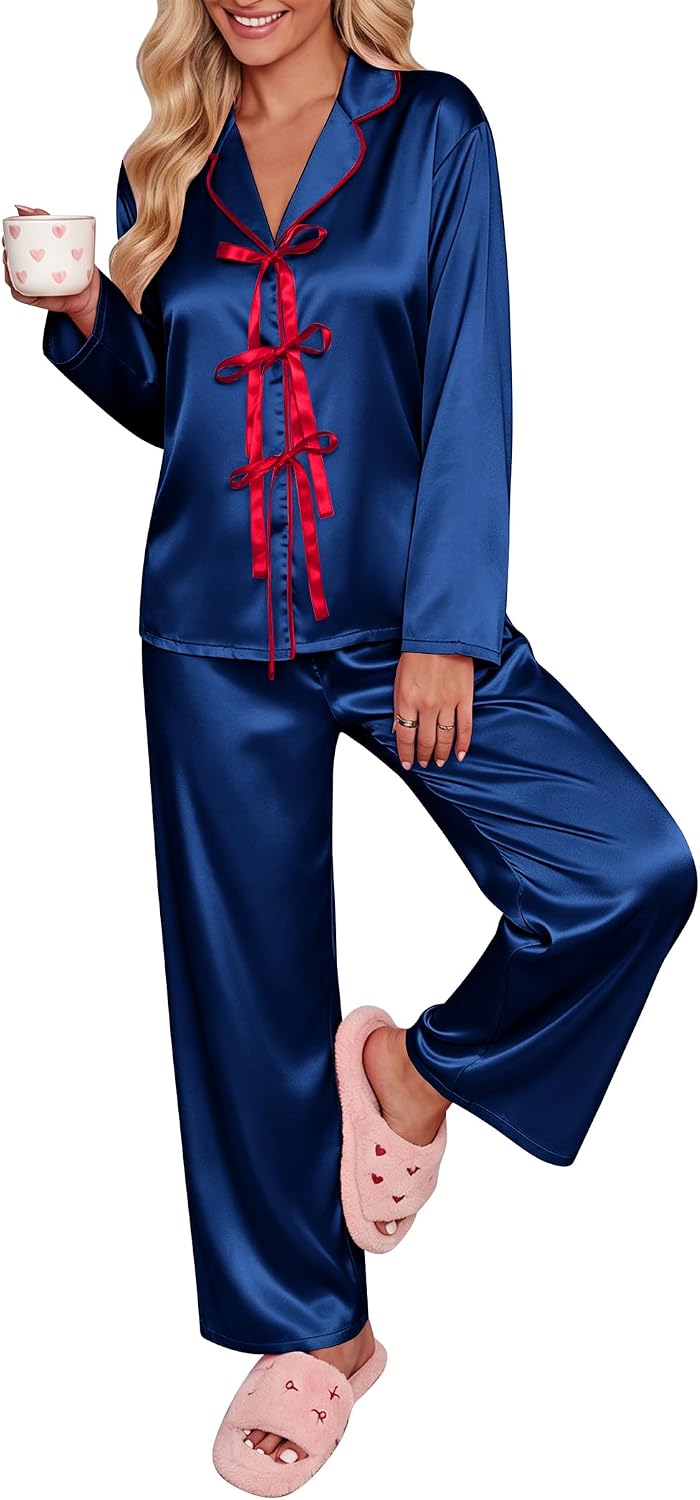 Ekouaer Womens Satin Pajamas Set Bow Tie Front Pjs Long Sleeve Lounge sets