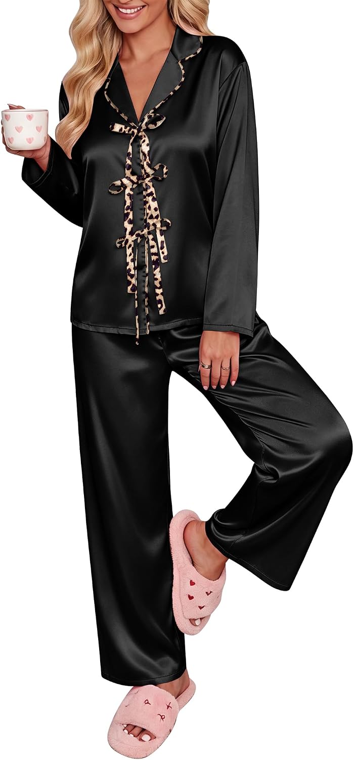 Ekouaer Womens Satin Pajamas Set Bow Tie Front Pjs Long Sleeve Lounge sets