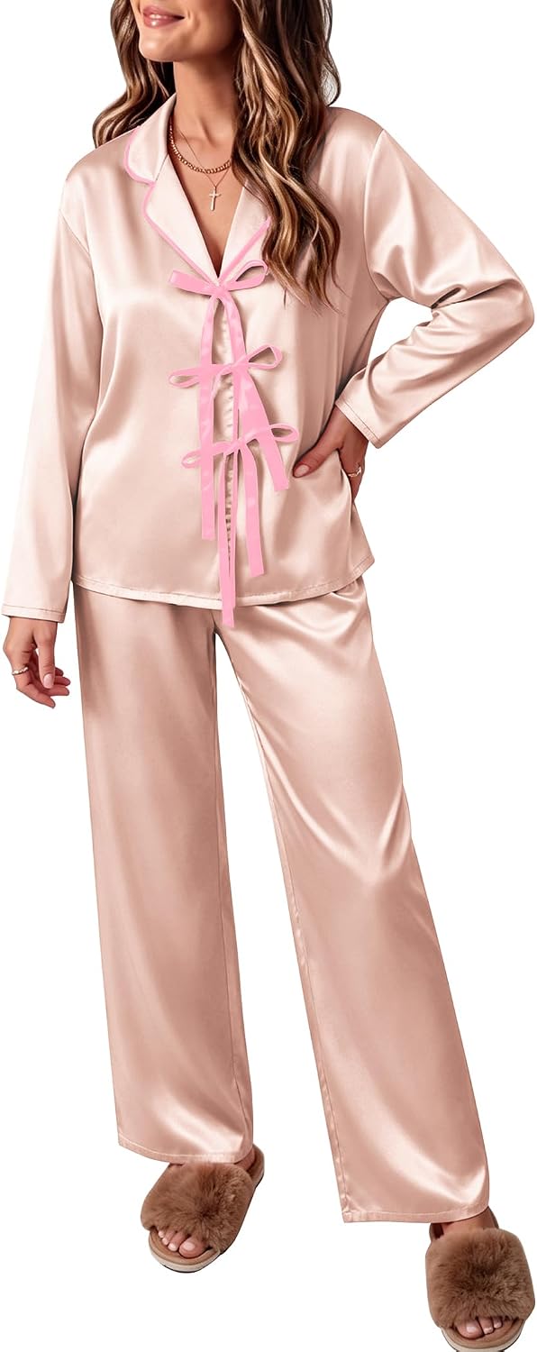 Ekouaer Womens Satin Pajamas Set Bow Tie Front Pjs Long Sleeve Lounge sets