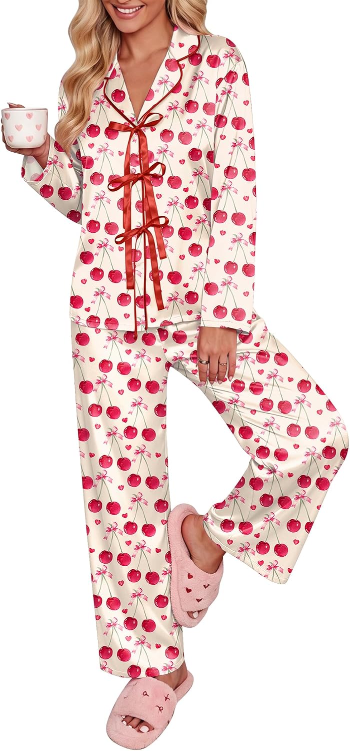 Ekouaer Womens Satin Pajamas Set Bow Tie Front Pjs Long Sleeve Lounge sets