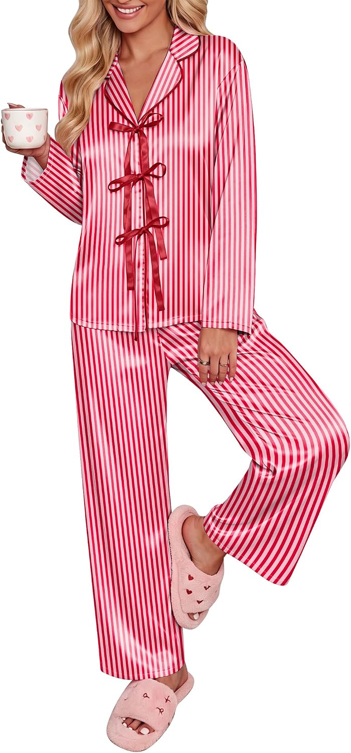 Ekouaer Womens Satin Pajamas Set Bow Tie Front Pjs Long Sleeve Lounge sets