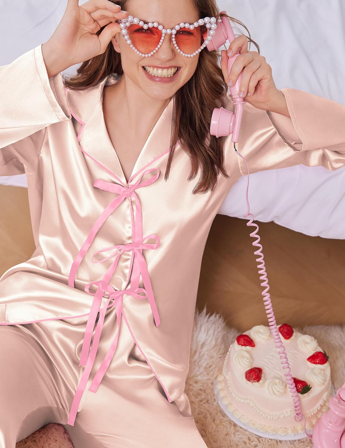 Ekouaer Womens Satin Pajamas Set Bow Tie Front Pjs Long Sleeve Lounge sets