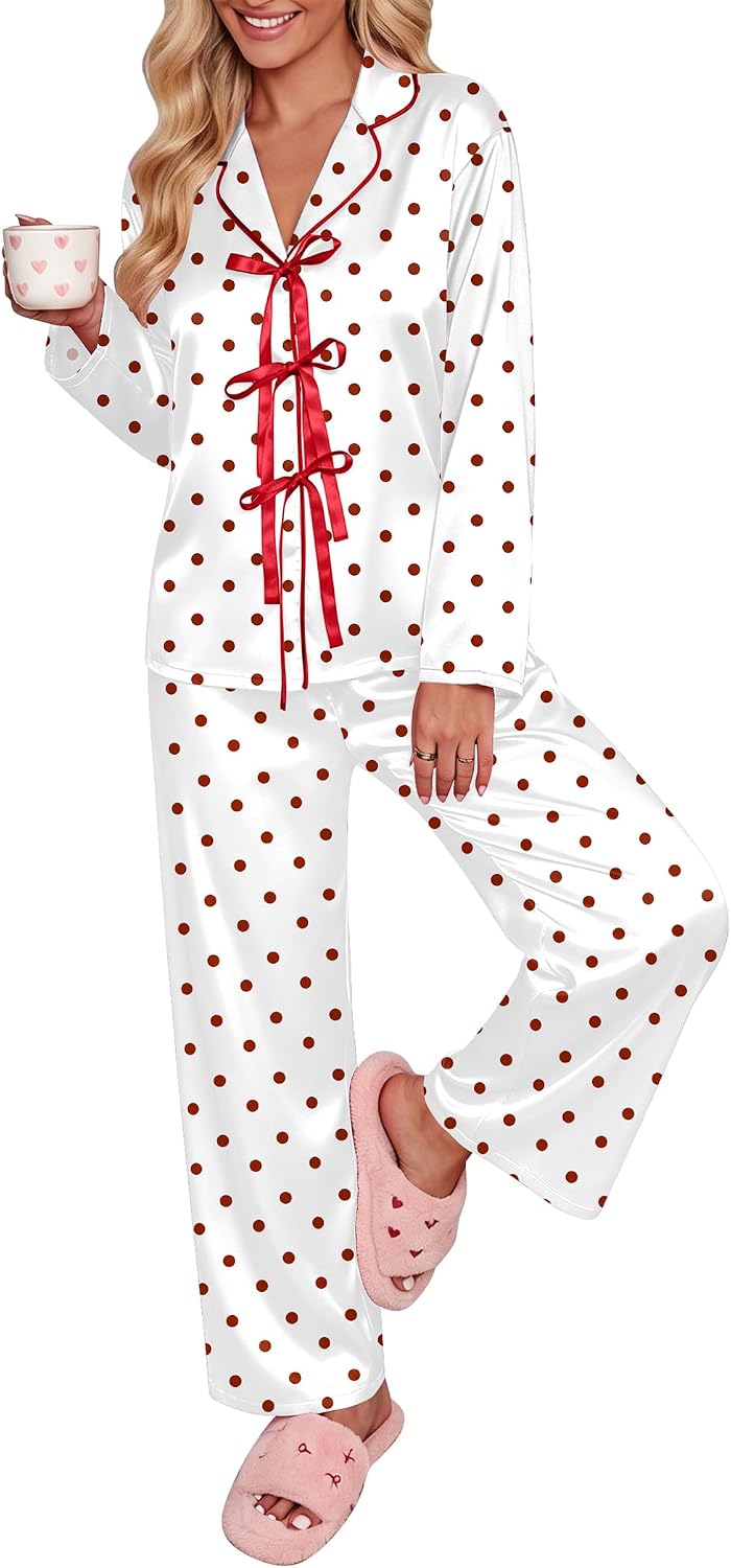 Ekouaer Womens Satin Pajamas Set Bow Tie Front Pjs Long Sleeve Lounge sets
