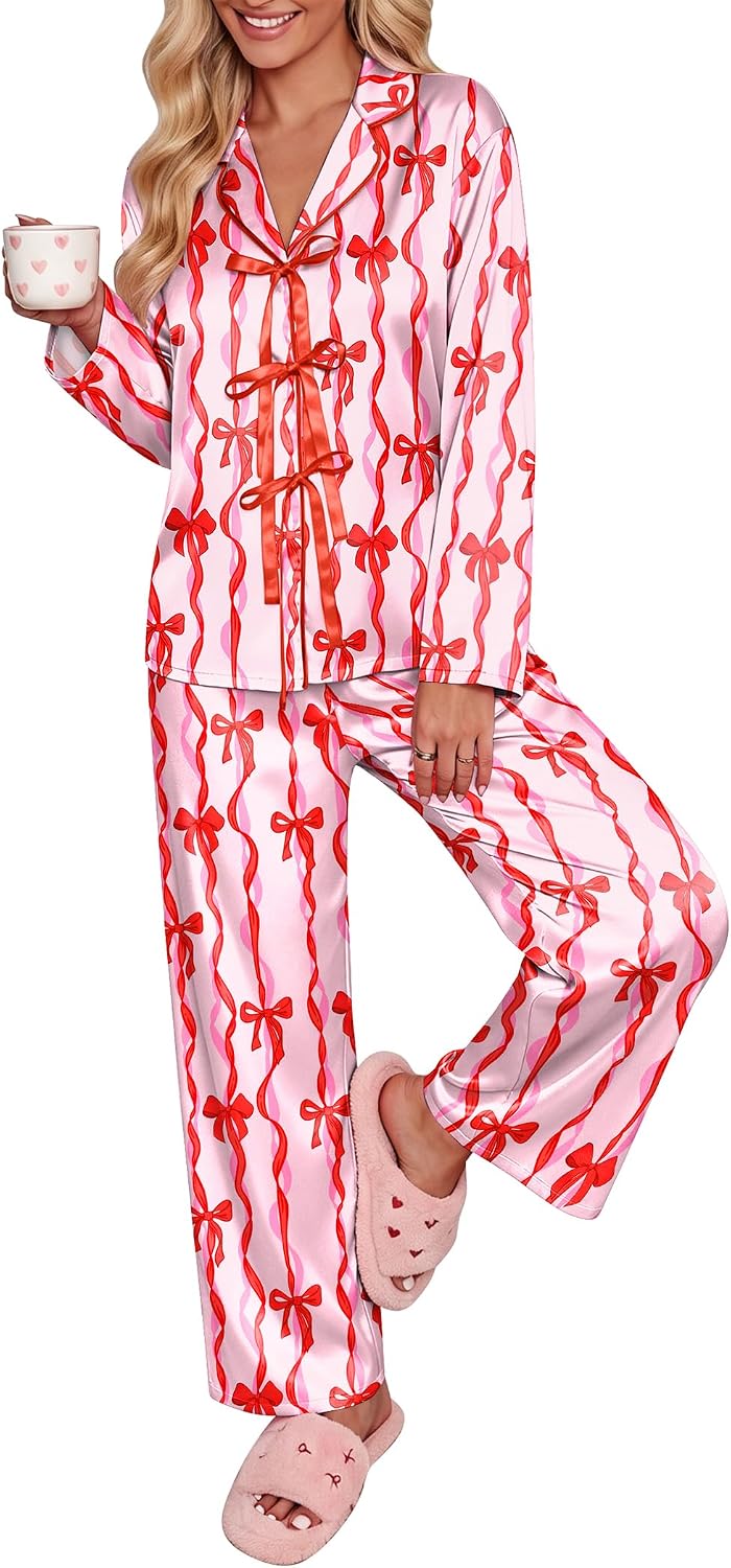 Ekouaer Womens Satin Pajamas Set Bow Tie Front Pjs Long Sleeve Lounge sets