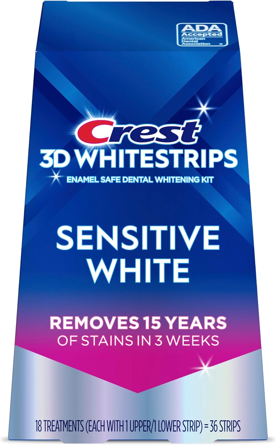 Crest 3DWhitestrips Sensitive White At-Home Teeth Whitening Kit, 18 Treatments, Gently Removes 15 Years of Stains