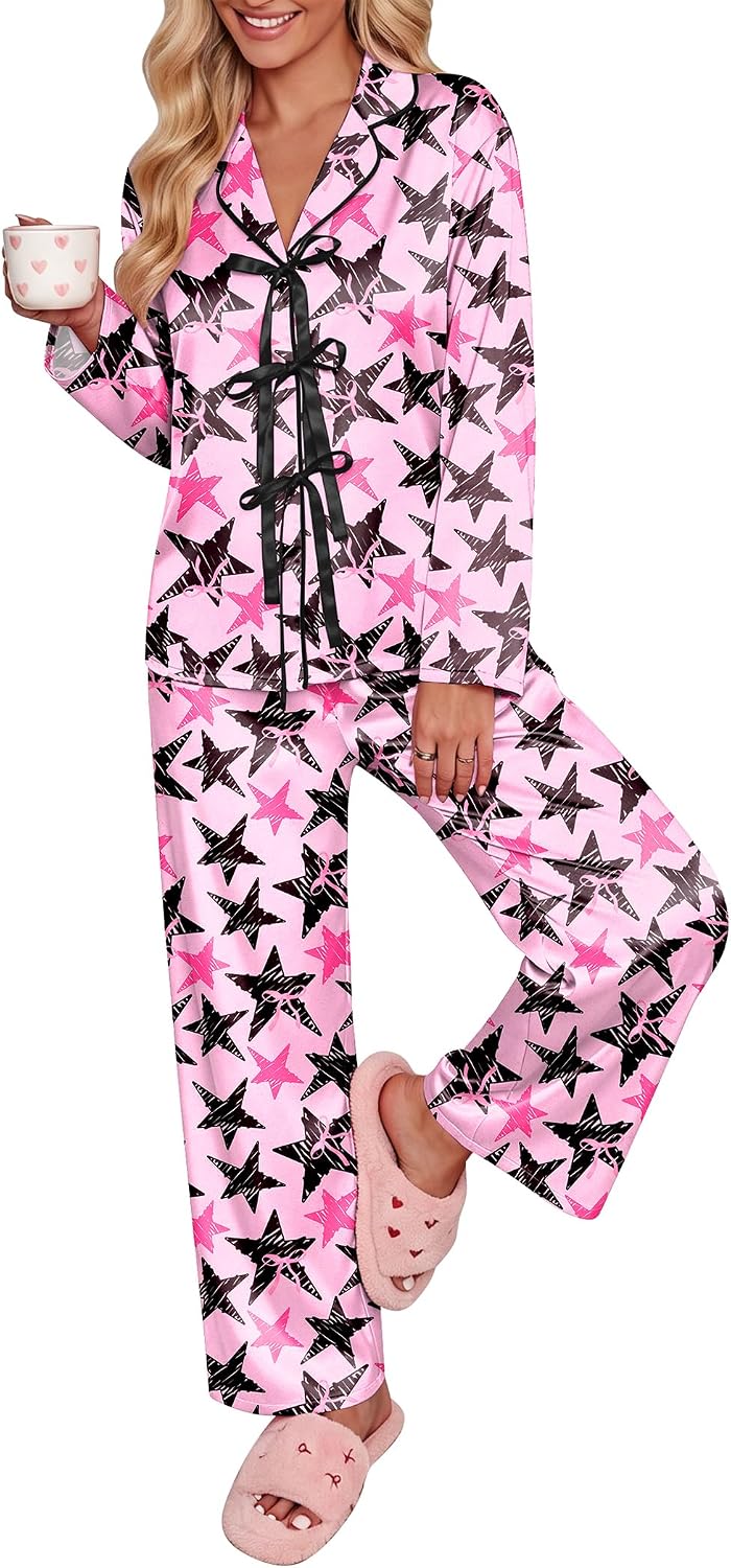 Ekouaer Womens Satin Pajamas Set Bow Tie Front Pjs Long Sleeve Lounge sets