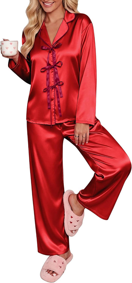 Ekouaer Womens Satin Pajamas Set Bow Tie Front Pjs Long Sleeve Lounge sets