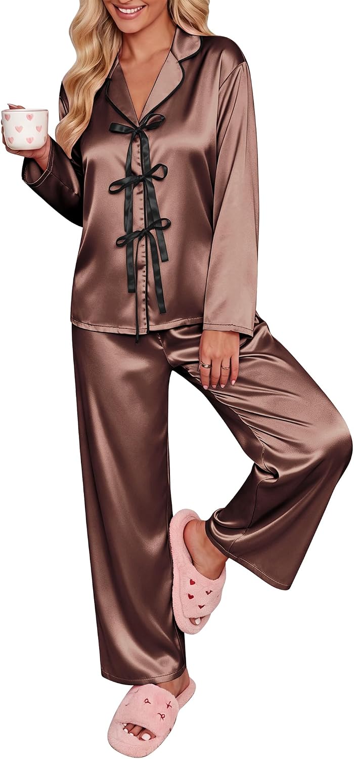 Ekouaer Womens Satin Pajamas Set Bow Tie Front Pjs Long Sleeve Lounge sets
