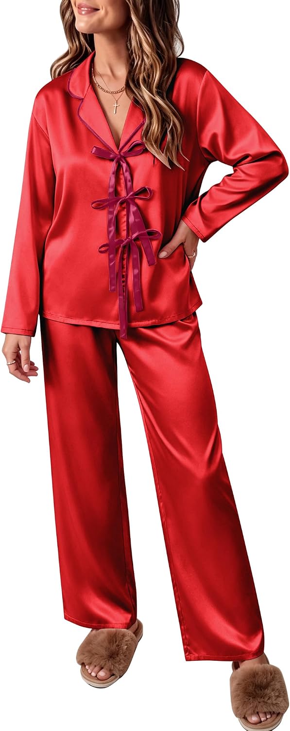 Ekouaer Womens Satin Pajamas Set Bow Tie Front Pjs Long Sleeve Lounge sets