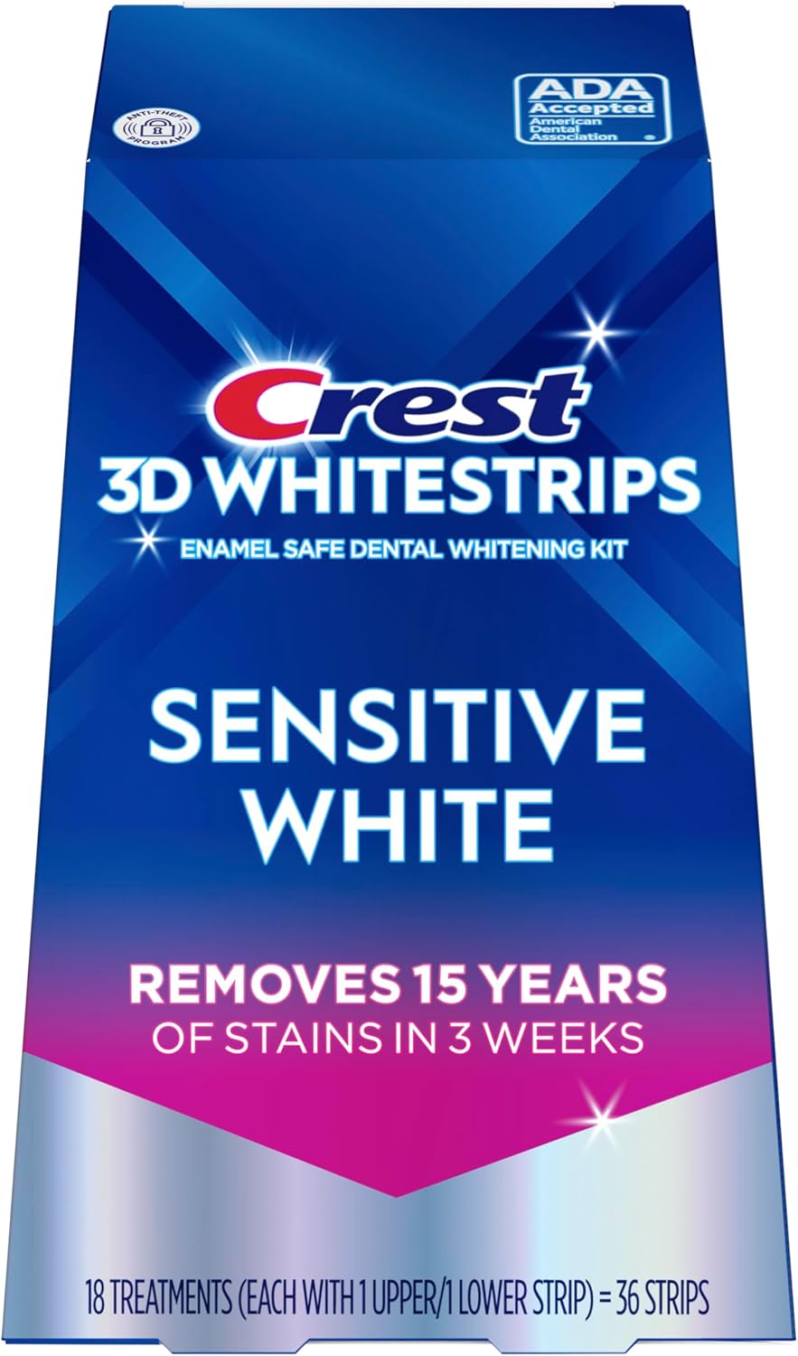 Crest 3DWhitestrips Sensitive White At-Home Teeth Whitening Kit, 18 Treatments, Gently Removes 15 Years of Stains