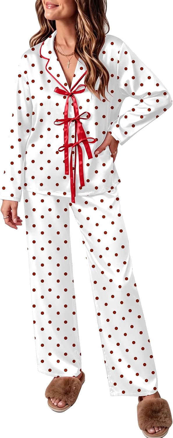 Ekouaer Womens Satin Pajamas Set Bow Tie Front Pjs Long Sleeve Lounge sets