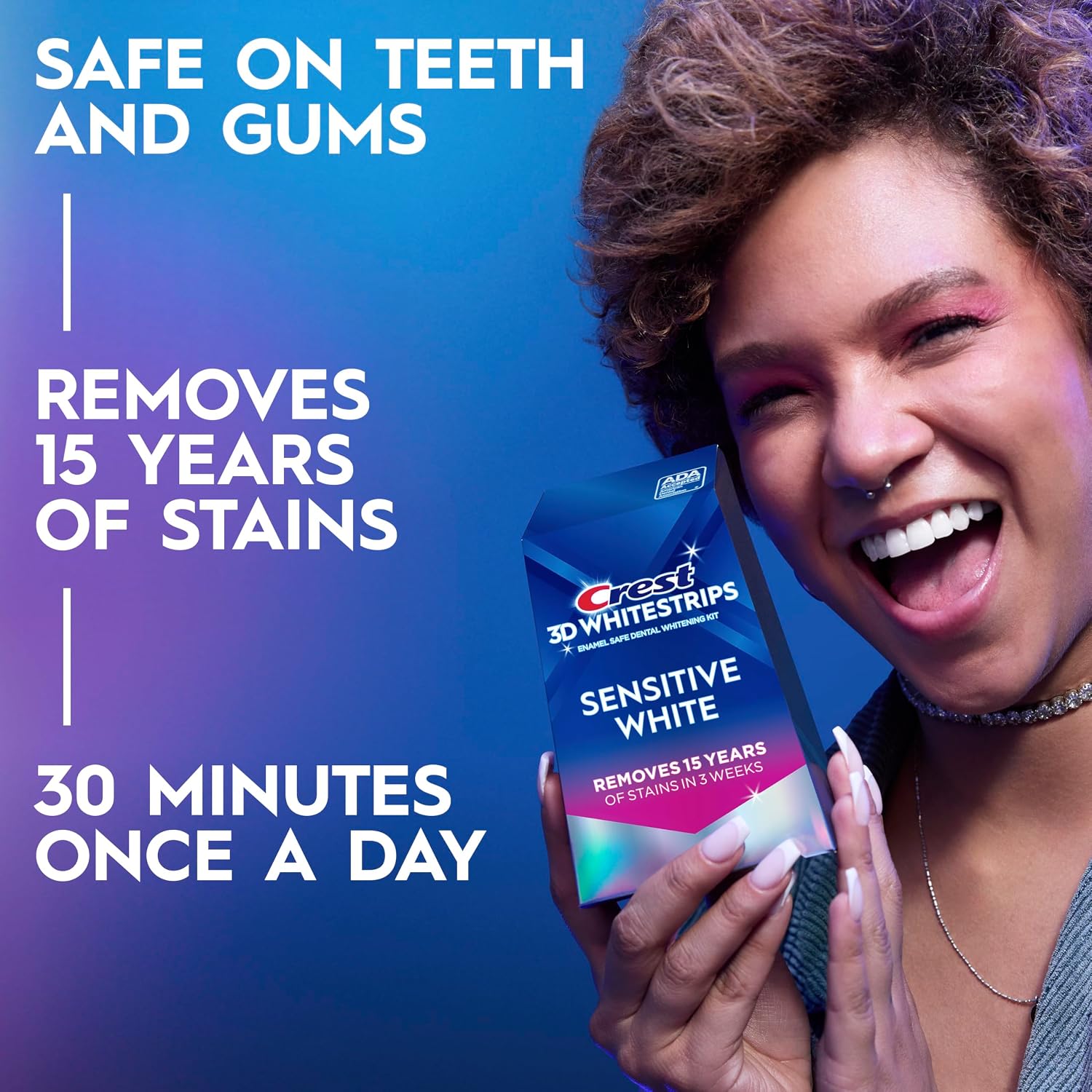 Crest 3DWhitestrips Sensitive White At-Home Teeth Whitening Kit, 18 Treatments, Gently Removes 15 Years of Stains