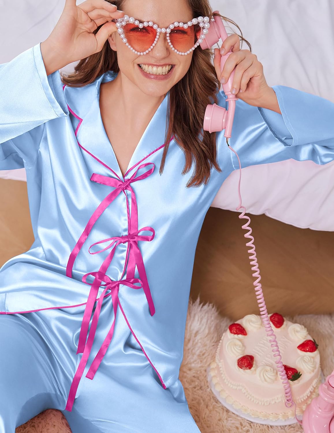 Ekouaer Womens Satin Pajamas Set Bow Tie Front Pjs Long Sleeve Lounge sets