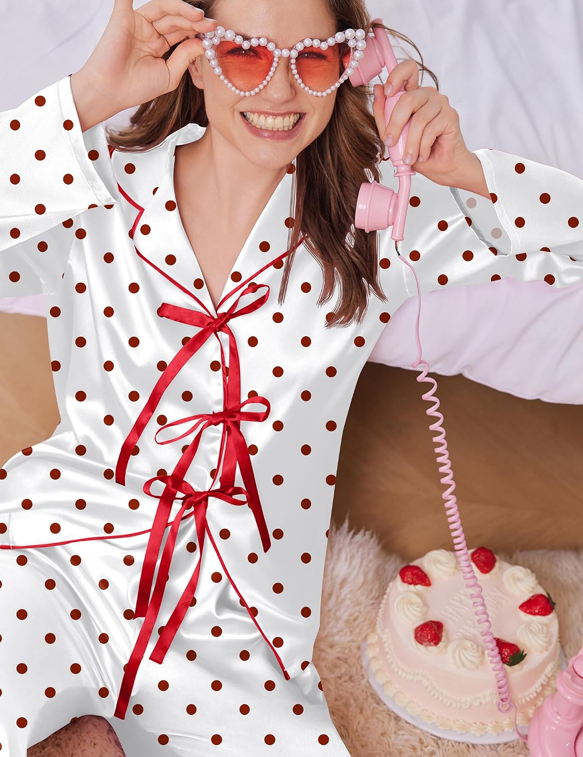 Ekouaer Womens Satin Pajamas Set Bow Tie Front Pjs Long Sleeve Lounge sets