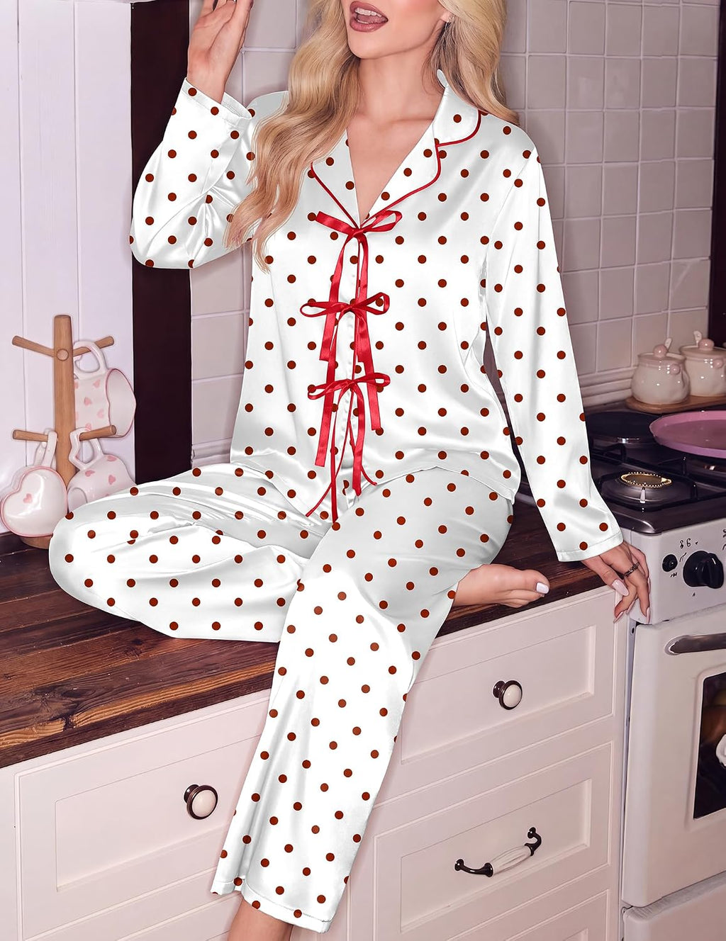 Ekouaer Womens Satin Pajamas Set Bow Tie Front Pjs Long Sleeve Lounge sets