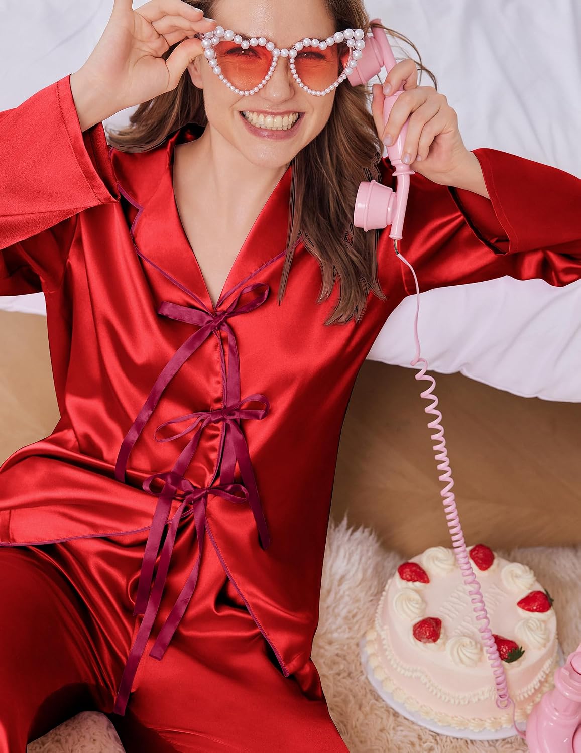 Ekouaer Womens Satin Pajamas Set Bow Tie Front Pjs Long Sleeve Lounge sets