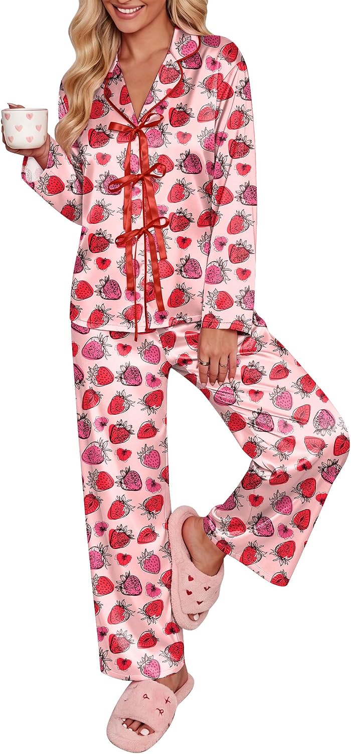Ekouaer Womens Satin Pajamas Set Bow Tie Front Pjs Long Sleeve Lounge sets