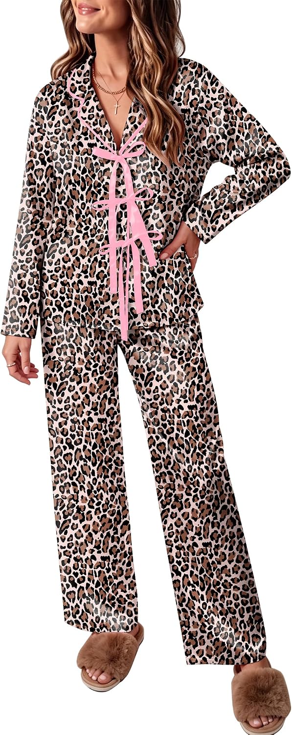 Ekouaer Womens Satin Pajamas Set Bow Tie Front Pjs Long Sleeve Lounge sets